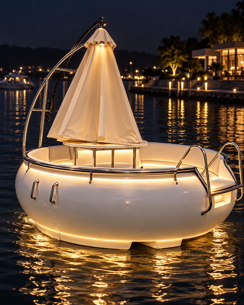 An illuminated circular electric donut boat on the water at dusk